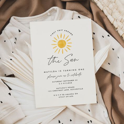 $2.93 | sunshine 1st birthday watercolor sun yellow modern #sunshine, 1st birthday, modern, elegant, watercolor, yellow, summer, baby boy, baby girl, first trip around the sun Sunshine 1st Birthday, Summer Birthday Invitations, Birthday Watercolor, First Trip Around The Sun, Modern Birthday, Creative Invitations, Sun Yellow, Baby Boy 1st Birthday, Elegant Watercolor