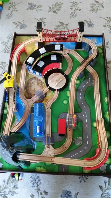 Imaginarium Mountain Rock Train Table Setup. This is how it looks prior to a child taking the tracks off of the table. I had to set it back together 3 times since Christmas. Thomas The Train Tracks, Ikea Train, Brio Train Track, Brio Train Set, Train Table Layout, Brio Train, Model Train Table, Wooden Train Track, Wood Train