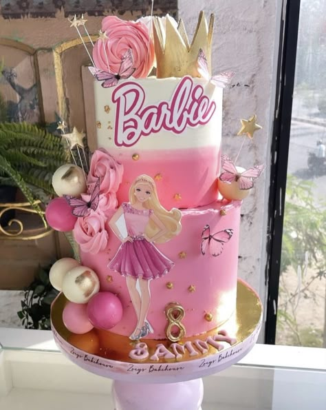 2 Tier Barbie Cake, Barbie Inspired Cake, Barbie Birthday Cakes For Kids, Barbie Cake Ideas Birthdays, Barbie Themed Birthday Cake, Barbie Cake Birthday, Barbie Theme Cake, Barbie Cake Ideas, Barbie Pasta