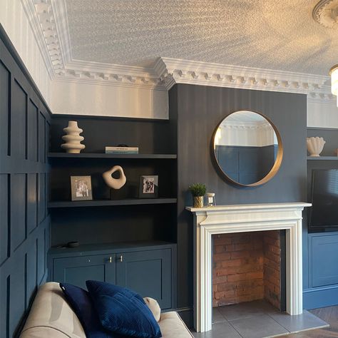 Coving Ideas Living Rooms, Fireplace Alcove Ideas, Coving Ideas, Terrace House Interior, Living Room Victorian, Plaster Coving, Alcove Shelving, Lounge Room Styling, Living Room Panelling