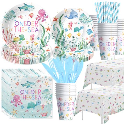 PRICES MAY VARY. 【Party Package】Ocean party decorations for 1st birthday dinnerware set included 24pcs 9'' ocean first birthday paper plates 24pcs 7'' oneder sea party plates, 24pcs paper napkins, 24pcs paper cups, 24 sets of disposable cutlery, 24pcs paper straws, 2pcs ocean birthday tablecloth, for under the sea one-year-old birthday decorations 【Oneder Sea First Birthday Party Supplies】Dive into a world of enchantment with our under the sea 1st birthday table decorations! Adorned with charmin Ocean Party Decorations, Under The Sea Party Decorations, Sea Party Decorations, Sea Life Theme, Ocean Theme Birthday, Ocean Birthday Party, Ocean Theme Party, Birthday Table Decorations, Ocean Birthday