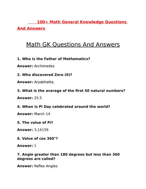 100+ Maths General Knowledge Questions And Answers - When is Pi Day celebrated around the world? - Studocu General Knowledge Questions In English, Maths Quiz With Answers, Gk Quiz Questions In English, Gk Questions And Answers In English, Science Quiz Questions And Answers, Math Questions And Answers, Gk Knowledge In English, Biology Questions And Answers, Maths Knowledge