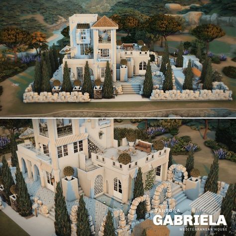 GABRIELA - Mediterranean house | Patreon Sims Mediterranean House, Sims 4 Mediterranean Furniture Cc, Italian House Sims 4, Sims 4 Medditeranean Cc, Sims 4 Italian Cc, Ts4 Mediterranean House, Sims 4 Italian, Sims4 Builds, Luxury Mediterranean Homes