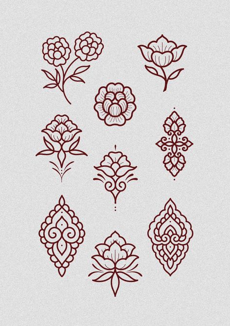 South Asian Inspired Tattoo, South Asian Tattoo Design, Thailand Inspired Tattoos, Oaxaca Tattoo Ideas, Persian Pattern Drawing, Folky Tattoo, South Indian Tattoo, Indian Motifs Pattern, Ornamental Hand Tattoos For Women