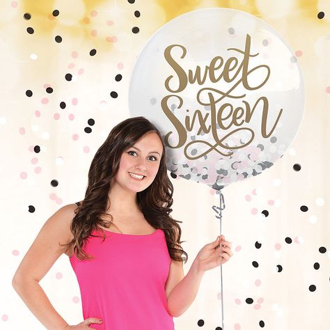 Round Black, Pink & White Sweet 16 Confetti Balloon 24in | Party City Love Party Decorations, Pink Sweet Sixteen, White Sweet 16, Sweet Sixteen Party Themes, Sweet 16 Birthday Party Ideas, 16 Birthday Party Ideas, Sweet 16 Pictures, Confetti Balloons Birthday, Party City Balloons