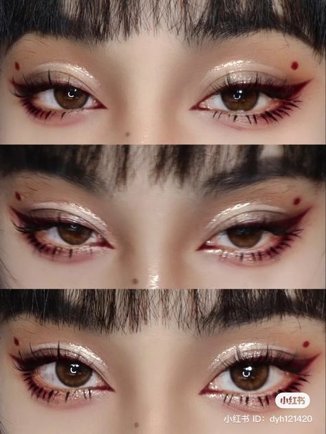 Xiaohongshu chinese makeup style aesthetic douyin Pretty Red Makeup, Halloween Chinese Makeup, Chinese Red Lip Makeup, Makeup Ideas Chinese, Hanfu Makeup Look, New Years Eye Makeup Ideas, Chinese Smokey Eye Makeup, Douyin Makeup Double Eyelid, Dark Red Douyin Makeup