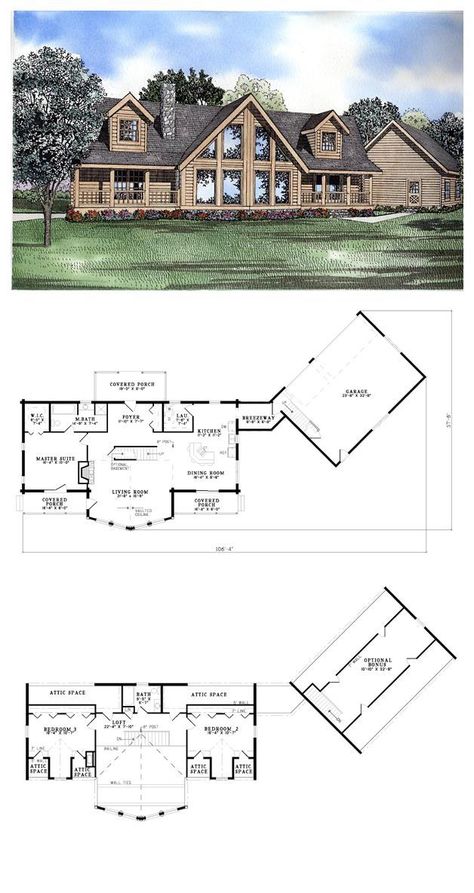 Pin on NY Cabin Log Cabin House, Angled Garage, Log Home Plan, Future Log, Log Home Plans, Log Cabin Ideas, Covered Porches, Basement House Plans, Log Home Decorating