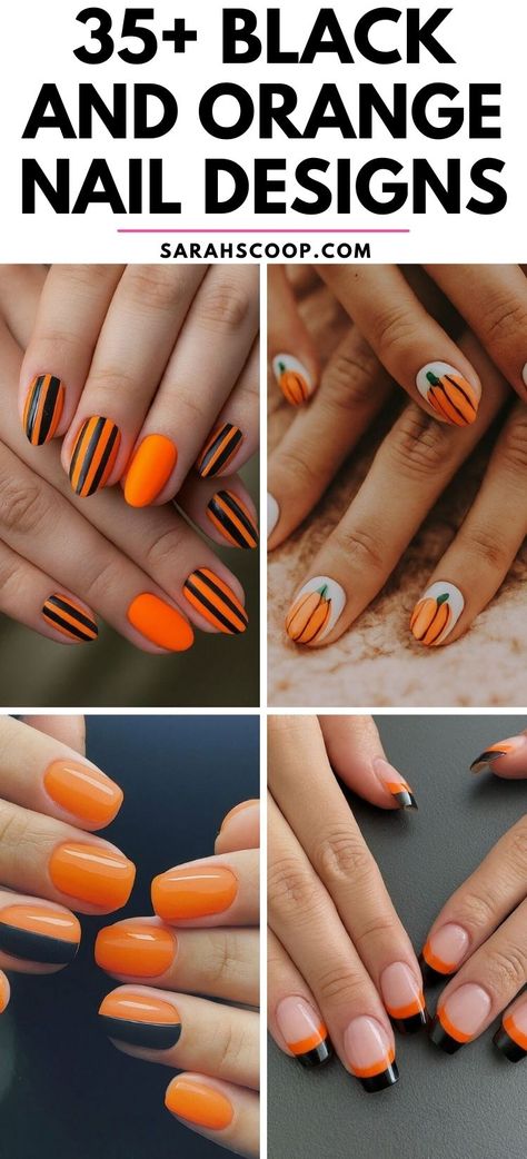 Get inspired with these 35+ bold and vibrant black and orange nail designs!🖤🧡 #NailArt #BlackAndOrangeNails #NailDesigns Nail Designs Candy Corn, Orange Nail Black Tip, Orange Tip Halloween Nails, Orange And Black Plaid Nails, Black And Orange Almond Nails, Black Nails With Pumpkin Design, Orange White Black Nails, Orange And Black Halloween Nails Acrylic, Orange Black Nails Design