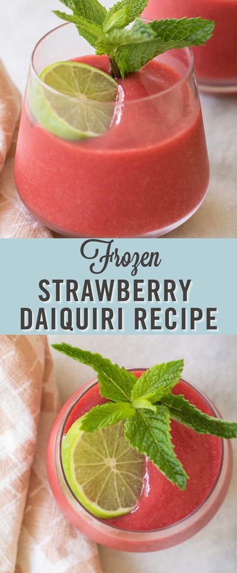 Try this Frozen Strawberry Daiquiri. It is an easy 4 ingredient frozen strawberry daiquiri recipe made with frozen strawberries and lightly sweetened. It’s the perfect summer cocktail! This drink is refreshing and full of flavor, and it’s easy to make at home. Perfect summer cocktail! Frozen Strawberry Desserts, Strawberry Daiquiri Cocktail, Strawberry Daiquiri Recipe, Frozen Strawberry Daiquiri, Daiquiri Recipe, Fresh Strawberry Recipes, Blended Cocktail, Frozen Cocktail Recipes, Frozen Strawberry