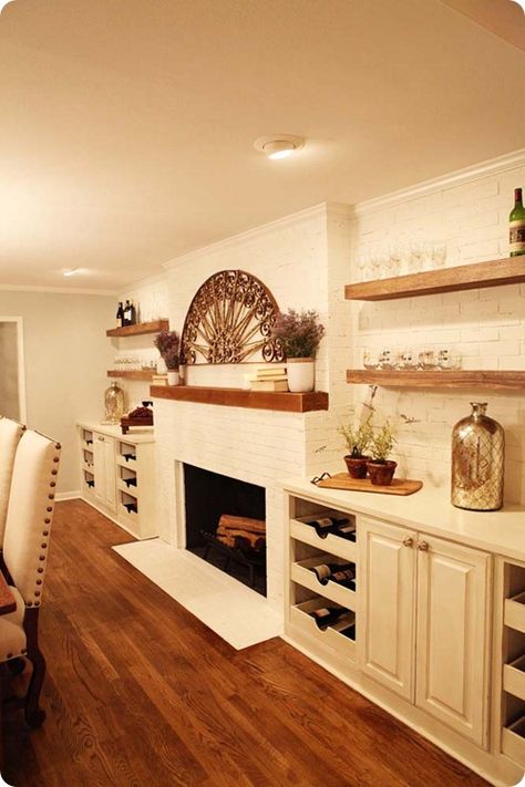 Dining room - pull-out wine storage Hgtv Fixer Upper, Dining Room Fireplace, Thrifty Decor Chick, Dining Room Remodel, Fireplace Built Ins, Dining Room Wall Decor, Magnolia Homes, Dining Room Walls, Room Remodeling