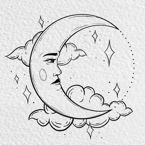 Moon Background Drawing, Moon And Cloud Tattoo Designs, Moon Tattoo With Face, Vintage Moon Tattoo, Moon Face Drawing, Moon With Face Tattoo, Moon Drawings Aesthetic, Flower With A Face, Night Coloring Pages