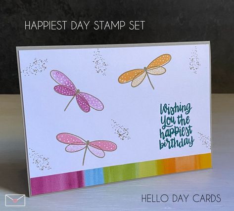 Su Happiest Day, Stampin Up Happiest Day Cards, Happiest Day Stampin Up Cards, Easy Birthday Cards, Dotted Circle, Dragonfly Cards, Sweet Easy, Dragonfly Garden, Decorative Stamps