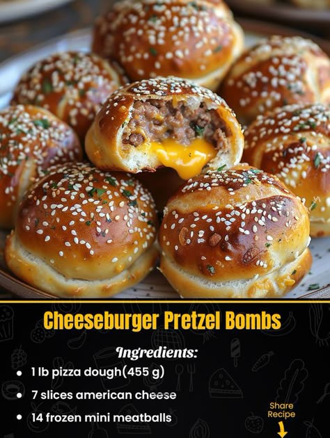 Room Temperature Lunch Ideas, Crowd Pleaser Appetizers, Pretzel Burger, Mini Meatballs, Football Snacks, Sports Food, Cheese Burger, Holloween Costume, Cook Recipes