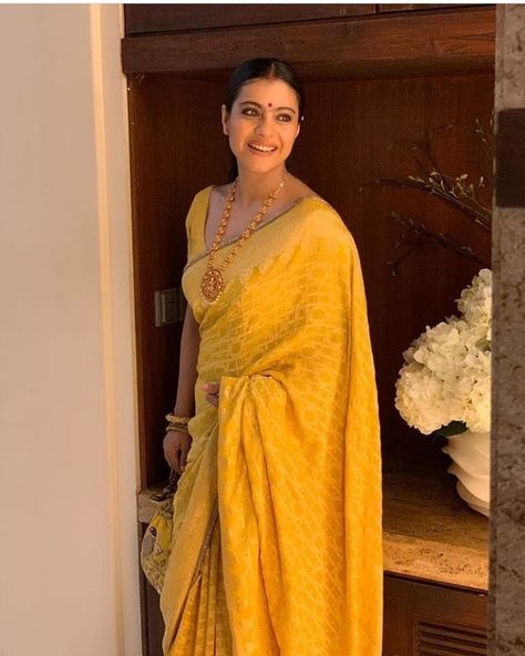 💛 • Day 4 • #kajol#kajolforever#kajolic#kajolmyqueen#kajolsrivastava #kajolnew#kajoldevgn#kajollovel#_kajol_devgn Bright Yellow Outfit, Saree Makeup Look, Sindoor Khela, Makeup Look Indian, Troy Movie, Rani Mukherji, Kajol Saree, Dusky Skin, Saree Gown