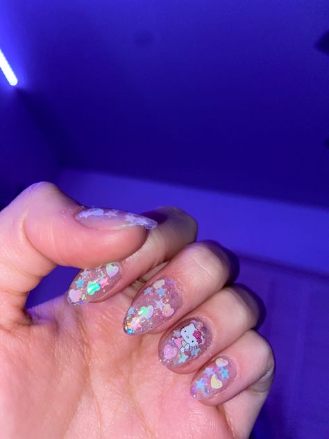 Encapsulated Nails Stars, Encapsulated Star Nails, Hello Kitty Sticker Nails, Encapsulated Heart Nails, Nails W Hearts, Hello Kitty Gel Nails, Star Glitter Nails, Encapsulated Glitter Nails, Universal Nails