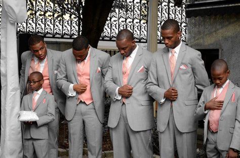 love the grey and salmon color Coral Groomsmen Attire, Salmon Wedding Colors, Salmon Outfit, Salmon Wedding, Jazz Wedding, White Silver Wedding, Orange Wedding Themes, Gray Wedding Colors, Wedding Fits