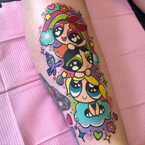 Bubbles Tattoo Powerpuff, Cartoon Tattoos Women, Tattoo Comic Style, Ppg Tattoo, Power Puff Girls Tattoo, Cartoon Network Tattoo, Powerpuff Tattoo, 80s Tattoo Ideas, Powerpuff Girls Tattoo