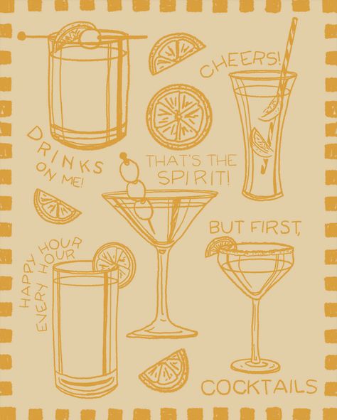 Yellow Cocktails Print Cute Food Sayings, Yellow Cocktails, Drink Prints, Cocktail Graphic, Yellow Prints, Cocktail Prints, Happy Hour Bar, Yellow Poster, Shot Book