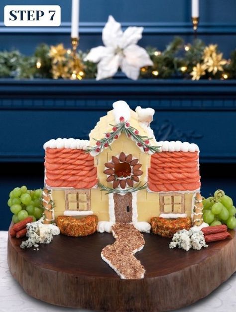 Give Your Gingerbread House A Savoury Makeover You Never Knew You Craved - Chatelaine Charcuterie Chalet, Danish Blue Cheese, Whole Wheat Crackers, Wheat Crackers, Havarti Cheese, Candied Pecans, Brick Patterns, Cheese Crackers, Breadsticks