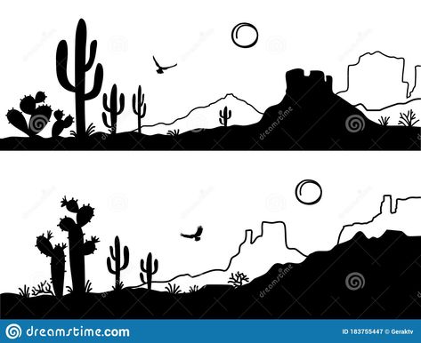 Illustration about Desert landscape with Cactuses. Arizona desert mountains black silhouette isolated on white. Vector nature horizontal. Illustration of silhouette, sand, scene - 183755447 Drawing Desert Landscapes, Desert Landscape Tattoo, Desert Landscape Drawing, Arizona Drawing, Arizona Silhouette, Nature Horizontal, Desert Silhouette, Rancher Hats, Horizontal Illustration