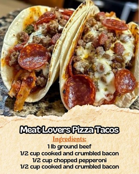 Meat Lovers Pizza Tacos Recipes, Meat Lovers Pizza Tacos, Daily Yum, Pizza Tacos, Taco Meal, Tacos Recipes, Meat Lovers Pizza, Taco Pizza, Yum Recipes