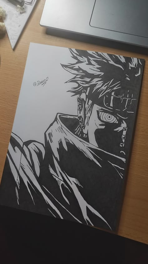 Manga Sketch Sketchbooks, Mitochondria Drawing, Naruto Drawing Ideas, Naruto Drawings Sketches, Pain Sketch, Pain Manga, Manga Black And White, Animation Drawing Sketches, Pain Naruto