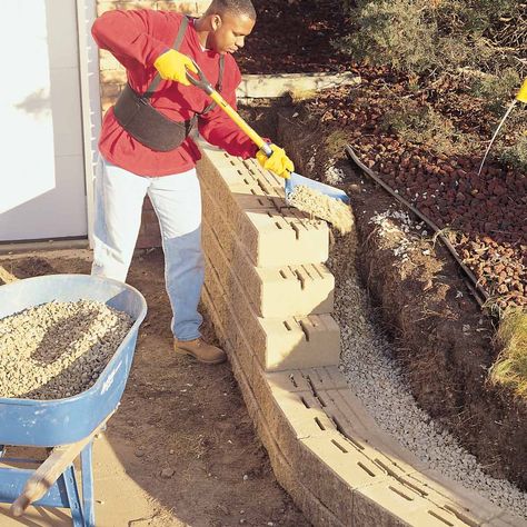 Concrete Block Retaining Wall, Block Retaining Wall, Diy Retaining Wall, Retaining Wall Blocks, Building A Retaining Wall, Backyard Structures, Working Wall, Concrete Retaining Walls, Concrete Block