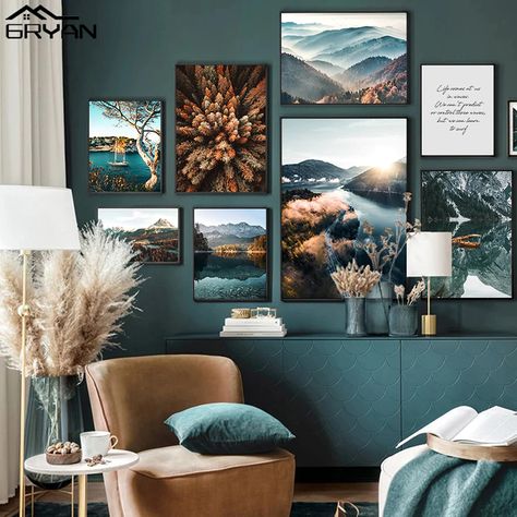 Wilderness Living Room Decor, Living Room Forest Theme, Mountain Theme Living Room, Forest Top View, Blue Lounge, Aesthetic Living Room, Mountain Style, Wall Art Picture, Painting Modern