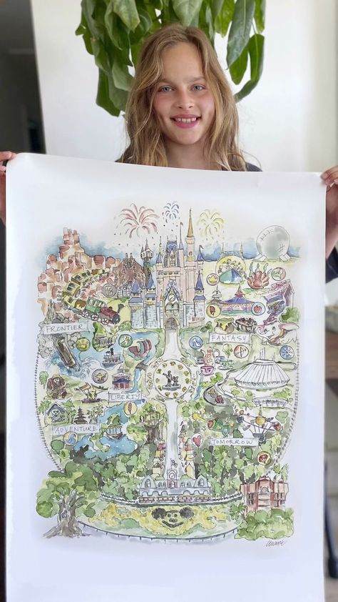 Watercolor Maps of Parks | California, Florida, watercolor, park | Revisit your magical trip to the most joyful places on earth! ✨ I’ve created the perfect reminder of your favorite theme parks with these watercolor... | By Elizabeth Wade Studio Princess Symbols, Park Story, Theme Park Map, Magical Watercolor, Magical Theme, Walt Disney World Marathon, Watercolor House Portrait, Story Map, Watercolor Map