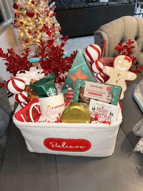 Christmas Gift For School Friends, Christmas Gift Basket Ideas Diy, Wrapped Baskets Gift, Jolly Basket Ideas, Christmas Gift Basket Ideas For Work, Christmas Themed Raffle Basket Ideas, Bestie Christmas Baskets, Christmas Theme Basket, Christmas Kids Basket Ideas