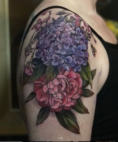 Peony Bee Tattoo, Black And White Flower Tattoo With Pop Of Color, Big Tattoo Cover Up Ideas, Seoul Tattoo, Tavern Ideas, Vintage Floral Tattoos, Purple Flower Tattoos, Hydrangea Tattoo, Neat Tattoos