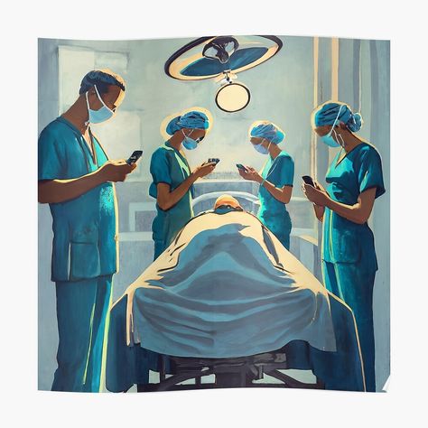 Get my art printed on awesome products. Support me at Redbubble #RBandME: https://www.redbubble.com/i/poster/Phone-Distraction-in-the-Surgery-Room-A-Satirical-Illustration-by-Birdbum/153094510.LVTDI?asc=u Distraction Illustration, Phone Distraction, Surgery Illustration, Surgery Art, Surgery Room, Comic Ideas, Satirical Illustrations, Illustration Poster, Girls Illustration