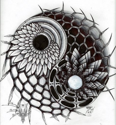 Yin Yang Art, Yin Yang Tattoos, Sacred Geometry Tattoo, Muster Tattoos, Geometry Tattoo, Geniale Tattoos, Zentangle Designs, Geometric Mandala, Mandala Tattoo Design