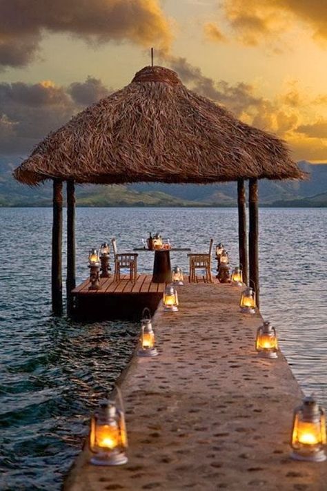 25 Spectacular Ocean Huts for a Peaceful Setting | Incredible Pictures جزر المالديف, Romantic Dinner, Romantic Places, Island Resort, Romantic Getaways, Dream Destinations, Vacation Destinations, Table Set, Vacation Spots