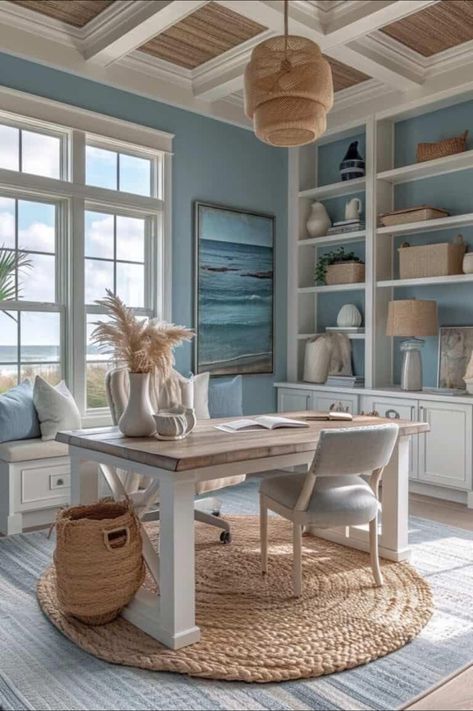 Nautical Home Office, Beach House Office, Coastal Home Office, Modern Coastal Living Room, Office Refresh, Office Things, Amazing Rooms, Chic Office Decor, Unique Interiors