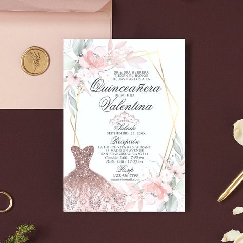 Elegant Watercolor Pink Spanish Quinceañera Quince Invitation Quince Watercolor, Glitter Gown Dress, Invitation Quinceanera, Floral Pink Dress, Glitter Gown, Watercolor Floral Invitation, Invitations Quinceanera, Quinceañera Invitations, Pink Quince