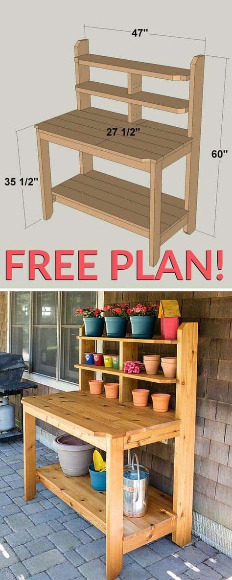 Potting Plants, Potting Bench Plans, Outdoor Potting Bench, Plants And Gardening, Desain Pantry, Potting Table, Bench Ideas, Potting Bench, Bench Plans