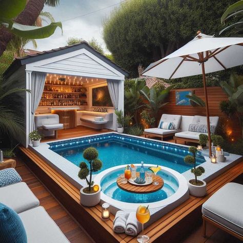 38 Small Backyard Pool Ideas: Maximizing Your Outdoor Oasis » HomeDecorFull Small Pool Patio Decorating Ideas, Small Backyard Pool And Hot Tub, Small Wading Pool Backyard, Backyard Hot Tub Ideas Outdoor Spa, Air Bnb Backyard Ideas, Plunge Pool Backyard, Swimspa Ideas, Swim Spa Backyard Ideas, Backyards With Pools