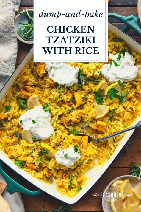 The easiest chicken tzatziki bakes in a casserole with rice, and is finished with a creamy, garlicky yogurt sauce, fresh lemon, and bright herbs. Pair the dish with crisp veggies and pita bread for a light, healthy, and flavorful meal! Dump And Bake Chicken Tzatziki, Dinner Ideas With Veggies, Greek Chicken And Lemon Rice, Fall Dinner Healthy, Chicken Tzatziki Recipes, Fall Dinner Meals, Baked Chicken Sides, Easy Meal For Large Group, Healthy Friday Night Dinner Ideas