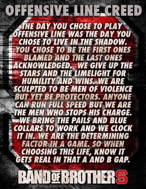 The Offensive Line Creed - FootballScoop Football Offense Line Quotes, O Line Football Quotes, Football Prayer, Football Sayings, Brotherhood Quotes, Inspirational Football Quotes, Football Motivation, Football Team Gifts, Football Banquet