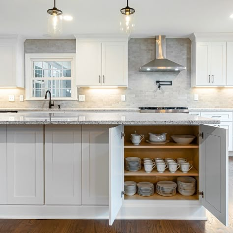 Transform your kitchen into a functional and organized space with a kitchen island, complete with cabinet storage for all your platters, appliances, and more! #dreamhomedesign #carync #raleighnc #wakecountync #nchomes #kitchenislanddesign #kitchenstorage Back Of Island Cabinets, Kitchen Island Overhead Storage, Drawers For Dishes In Island, Kitchen Island With Cookbook Storage, Kitchen Island With Bin Storage, Island With Cookbook Storage, Kitchen Island Storage Ideas, Cabinet Layout, Kitchen Island With Storage