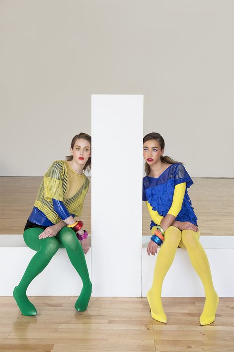 Colourful Tights, Duo Pose, Yellow Tights, Latex Top, Tap Shorts, Cool Magazine, Colored Tights, Fashion Tag, Sheer Tights