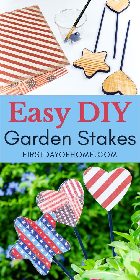 Make simple DIY yard art that even the kids can help with! These easy decorative garden stakes take no time to make. Customize them for patriotic decor, or choose a different design for any holiday. #yardart #gardenideas #diydecor #firstdayofhome Decoupage Wood, How To Make Decorations, Decorative Garden Stakes, Amazing Crafts, Jar Decor, Diy Valentine, How To Make Paper Flowers, Pinterest Party, Diy Yard