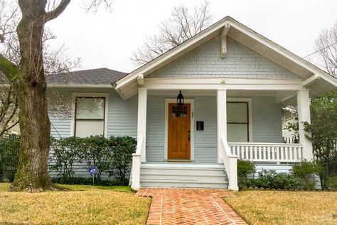 Brown Roof House Colors, Southern Bungalow, Bungalow Exterior Colors, Brown Roof Houses, Small House Exterior Colors, Haint Blue Porch Ceiling, Green House Exterior, Craftsman Style Bungalow, Small House Exterior