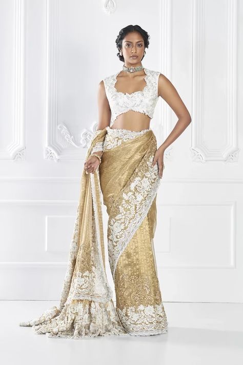 Gold Embroidered Saree | Manish Malhotra Saree Manish Malhotra, Tissue Saree, Embroidered Saree, Indian Wedding Wear, Manish Malhotra, Party Wear Indian Dresses, Contemporary Chic, Indian Wedding Outfits, Manish