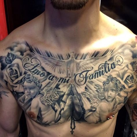 Full Chest Tattoos, Gangsta Tattoos, Chicano Tattoos, Religious Tattoo, Cool Chest Tattoos, Pieces Tattoo, Religious Tattoos, Chest Tattoos For Women, Chest Piece Tattoos