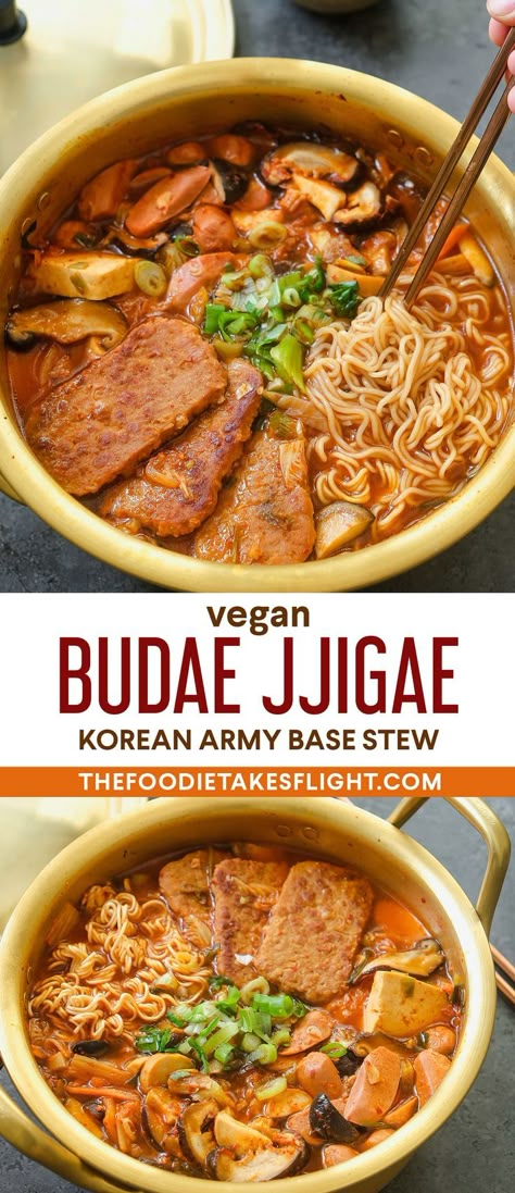 Vegan Korean Soup, Vegan Gochujang Recipes, Vegetarian Korean Recipes, Korean Vegan Recipes, Vegan Korean Recipes, Vegan Japanese Recipes, Army Base Stew, Korean Army Stew, Vegan Sausage Recipe