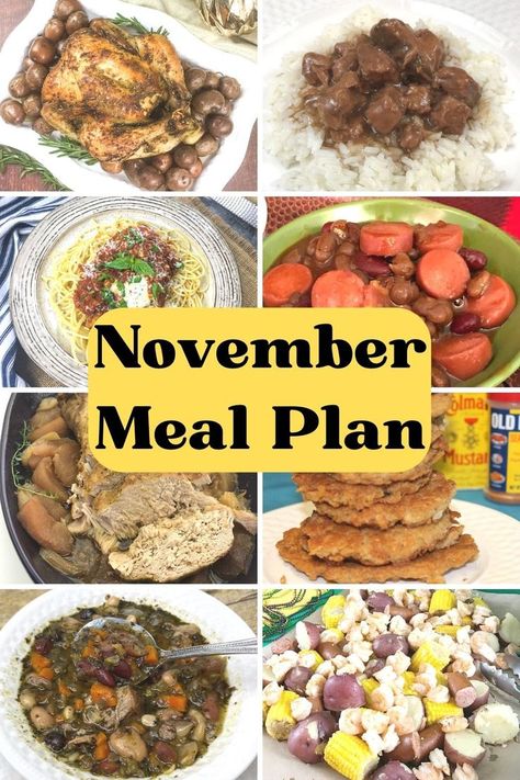 November Menu Ideas, November Meal Ideas, Deep South, Month Dinner Plan Meal Ideas, November Meal Plan, November Monthly Meal Plan, How To Make Cornbread, Cornbread Dressing Southern, Thanksgiving Desserts Table