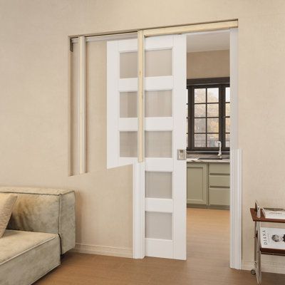 Home Worthy is committed to providing high-quality, , solid core， customized, and durable Interior doors to satisfy your home decoration and security needs. Home Worthy Color: White/Silver, Size: 28" x 96" | Pocket Door - Home Worthy Interior 5-Lite Frosted Glass Sliding Pocket Door Solid Core Pantry Door w / Privacy Pocket Lock / Soft Close brownWood / Glass / Manufactured Wood | 28" x 96" | Wayfair Sliding Pocket Door, Interior Glass Doors, Sliding Pocket Doors, Door Hardware Interior, Solid Core, Pocket Door, Pantry Door, Pocket Doors, Interior Doors