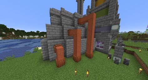 Stripped Acacia + Acacia Trapdoor Minecraft Acacia, Minecraft Copper, Minecraft Industrial, Copper Building, Minecraft Banner Patterns, Minecraft Building Ideas, Minecraft Steampunk, Steampunk City, Copper Pipes